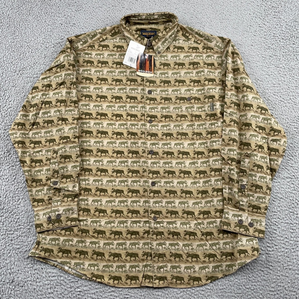 Woolrich Button Down Men L Moss Moose 6047 Long Sleeve Cotton Wildlife Print NWT